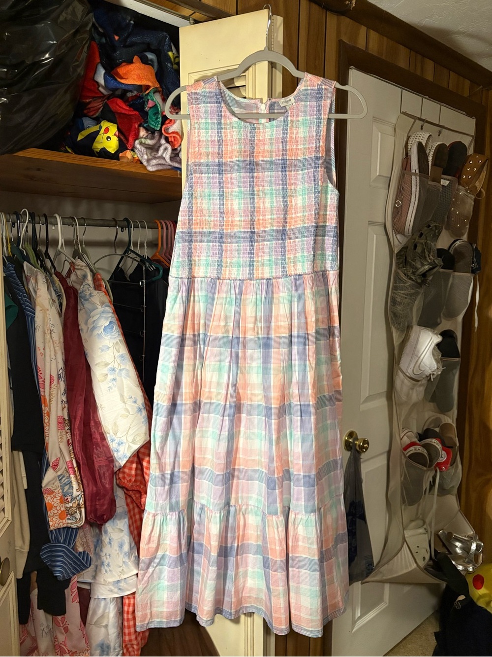 J. Crew Pastel Plaid Sleeveless Maxi Dress in Pink, Blue, Peach